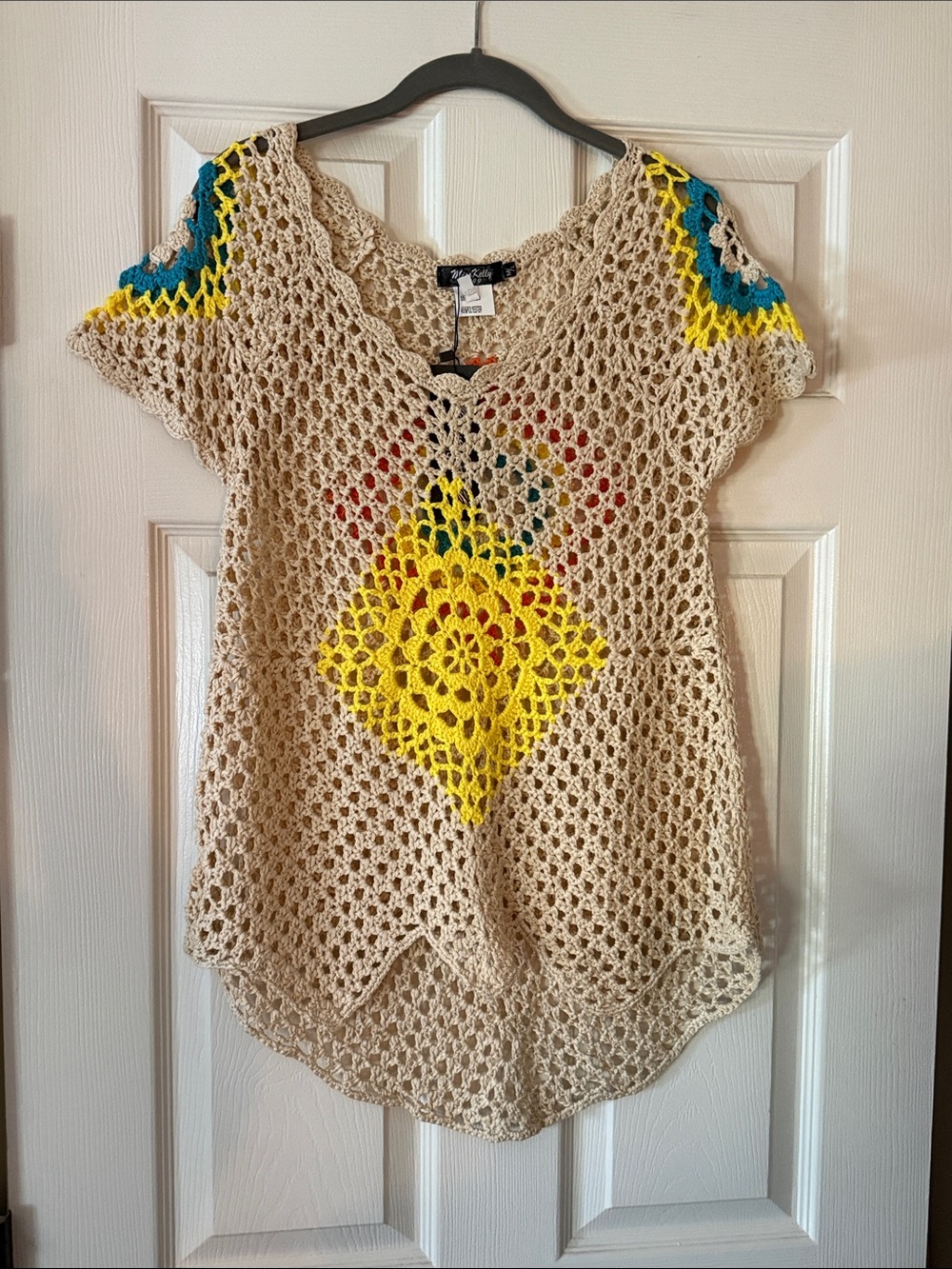 Crochet Open-Knit Women's Top with Yellow Floral Accent
